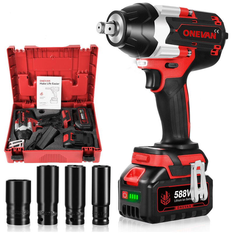1800Nm Clé à Chocs Sans Fil Brushless,3 vitesses,1/2 ' Boulonneuse a Choc avec 2x588VF Batterie - boîte de rangement + 4 douilles - Onevan