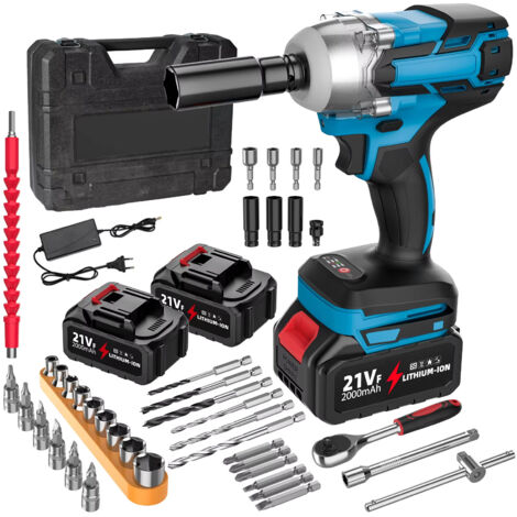 Clé à Choc Sans Fil 21V 380Nm 1/2 Pouce Outil Voiture Camion avec 2 Batteries