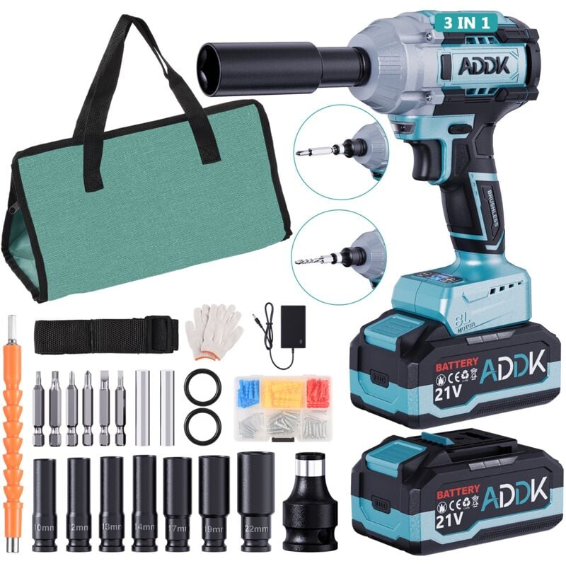 Clé à chocs Batterie 21 v 2x4,0 Ah, clé à chocs sans balais 1/2'' 550 n.m, clé à chocs rotative 6 vitesses 3300 tr/min pour réparation automobile