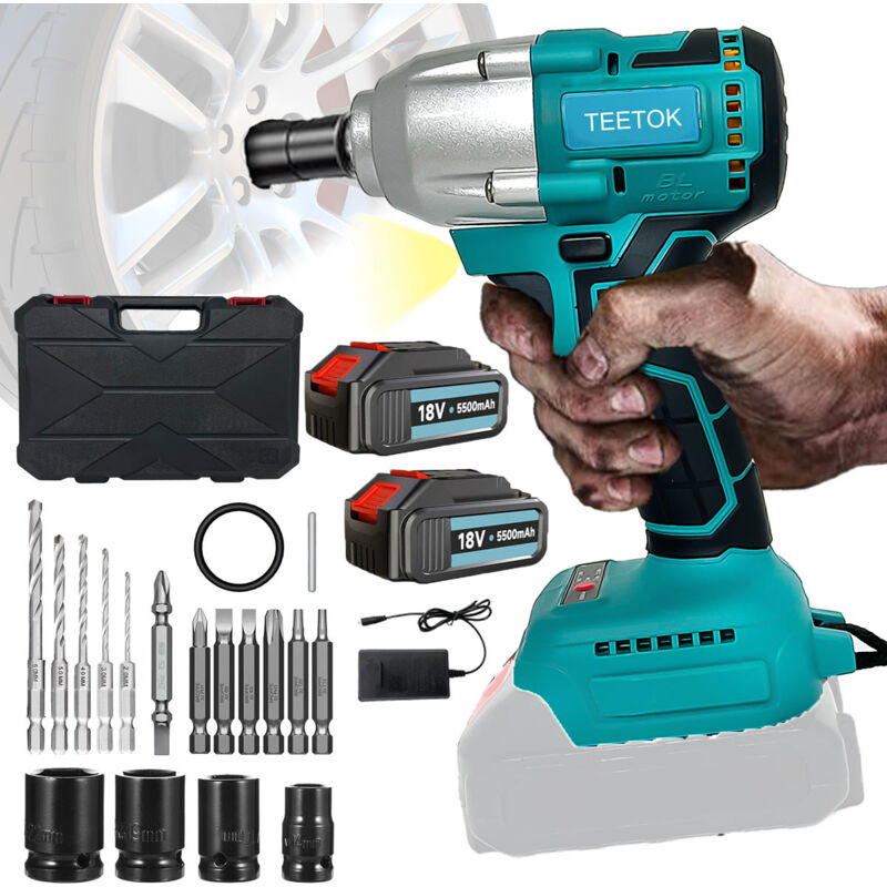 Clé à chocs, 3 en 1 clé à chocs sans fil brushless avec 1 / 2 ' driver 450n.m couple avec 4 prises, 2 batteries 5500mah + chargeur,5 perceuses, 7