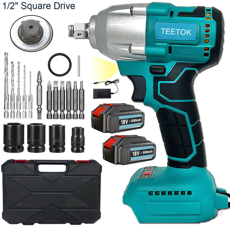 Clé à chocs électrique sans fil 450 Nm 1/2' sans balais, perceuse, tournevis à cliquet, avec 2 batteries 5,5 a, 4 douilles (14/17/19/22 mm), 5