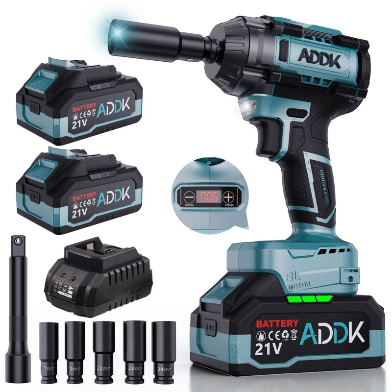 Clé à chocs sans fil 1000N, avec 2x 21V batteries de 4.0 Ah, Moteur sans balais, 6 vitesses, 1/2' pince de perçage, 15 accessoires - Bleu