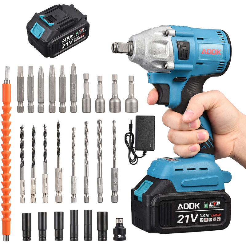 Clé à choc sans fil 20V, 1 x 3000mAh batteries lithium, moteur sans balais, 380NM Boulonneuse a Choc, Boîte avc 25pcs Accessoires