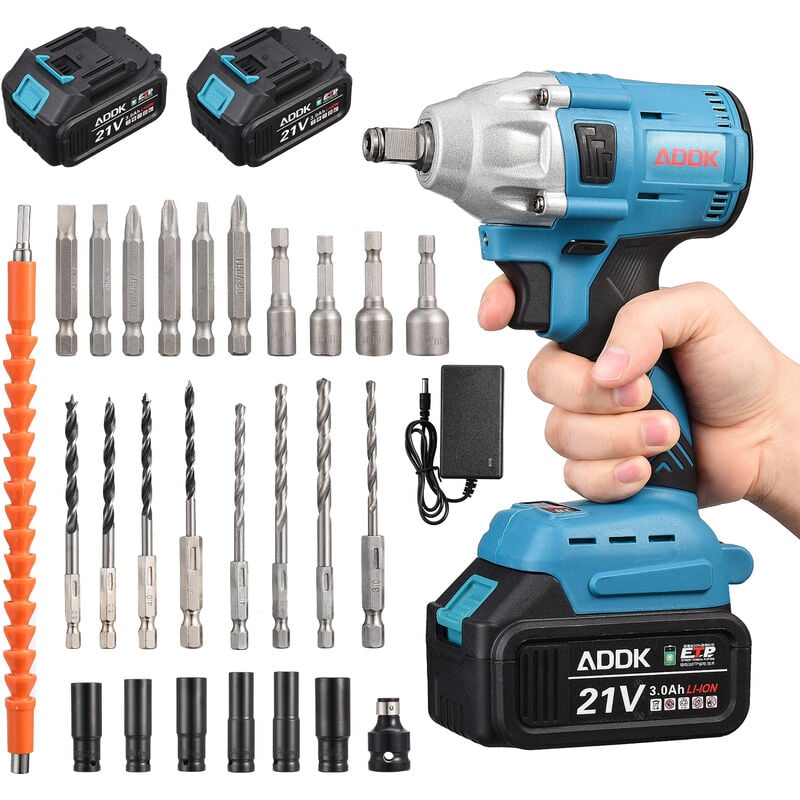 Clé à choc sans fil 20V, 2 x 3000mAh batteries lithium, moteur sans balais, 380NM Boulonneuse a Choc, Boîte avc 25pcs Accessoires