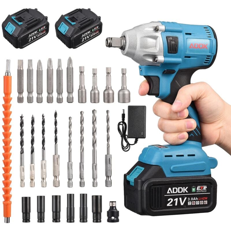 Clé à chocs sans fil 20V, clé à chocs sans balais avec 2x3000mAh batteries, éclairage led et 25 accessoires