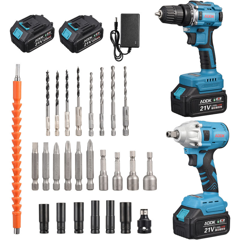 Clé à choc sans fil 380Nm, avec Perceuse a Percussio, Pack 2 outils, moteur sans balais, 2 Batterie 3.0Ah, 1 chargeur, Boîte avc 25pcs Accessoires