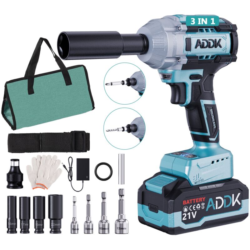 Clé à chocs sans fil 550N, avec batteries de 4.0 Ah, Moteur sans balais, 21V, 9000 tr/min, 6 vitesses, 1/2' perceuse, 15 accessoires