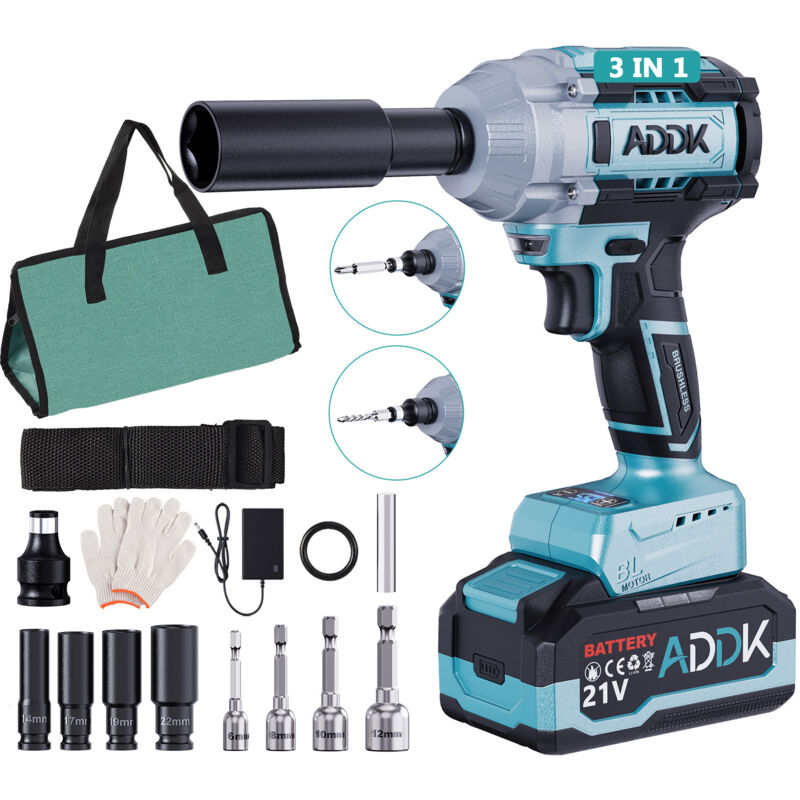 Clé à chocs sans fil 550Nm - 6 vitesses 3300 tr/min - batterie 21 v 4,0 Ah - moteur sans balais - 3300 tr/min - avec 7 accessoires