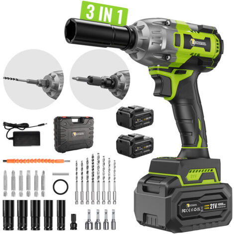 Clé à chocs sans fil Brushles, 520Nm Boulonneuse a Choc avec 2 x 4.0Ah Batteries 21V, Boulons de Roue, pour Réparation automobile construction maison, 27pcs Accessoires, CONENTOOL, vert, 2 batteries