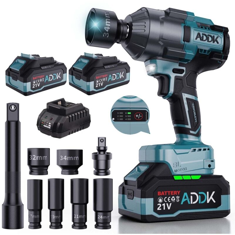 Clé à chocs sans fil Brushless, 1600Nm Boulonneuse a Choc avec 2 batteries de 4,0 Ah, 6 vitesses 2600RPM Clé à chocs rotative, clé à chocs électrique