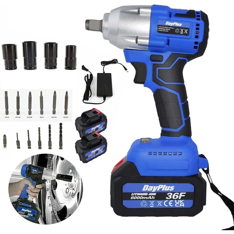 Clé à chocs sans fil Brushless 21V, 420Nm Boulonneuse a Choc, cle a choc electrique avec Boîte à Outils, 2x Batterie 6.0Ah, Éclairage led, 4 Douilles