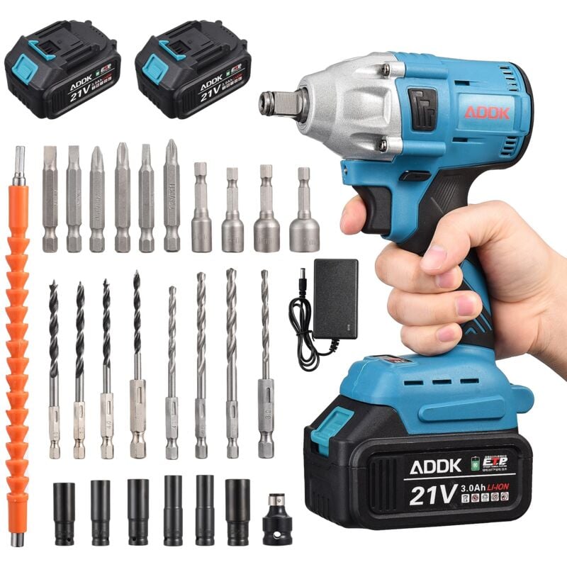 Clé à chocs sans fil Brushless, 380Nm Boulonneuse a Choc avec 3.0Ah Batterie, Boulons de Roue, Boîte avc 25pcs Accessoires (1 batterie)