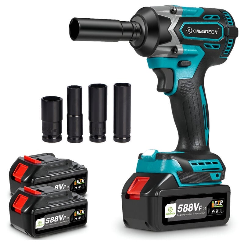 Clé à Chocs Sans Fil Brushless 600 N.m, 1/2 ' Boulonneuse a Choc Electrique avec Deux Batterie, Visseuse à Choc avec 4 Douilles pour la Voiture et la