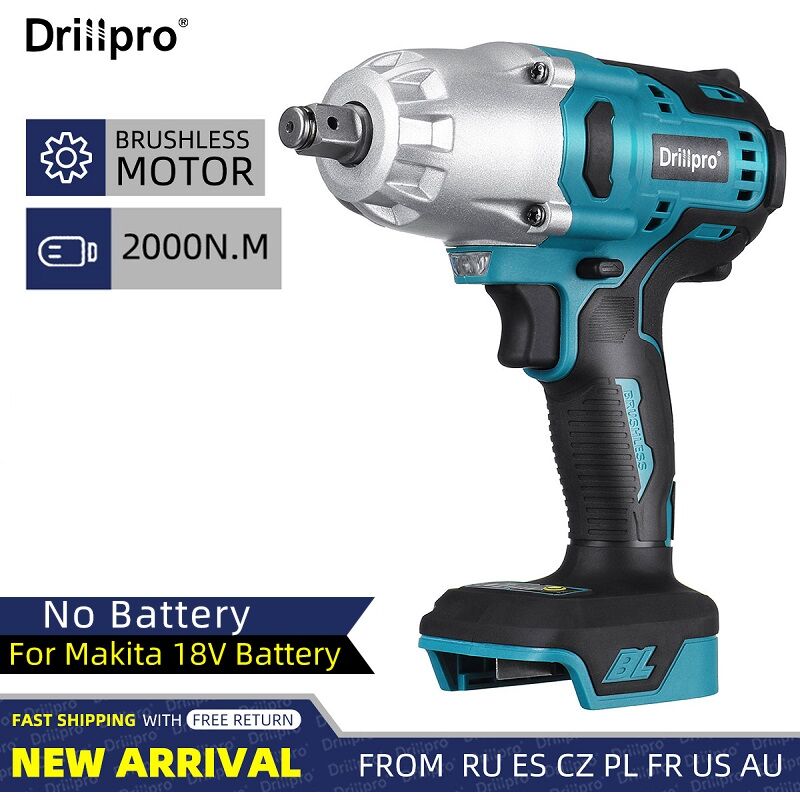 Clé à chocs sans fil brushless, Drillpro, 2 000 n.m, pour batterie Makita 18 v, bleu