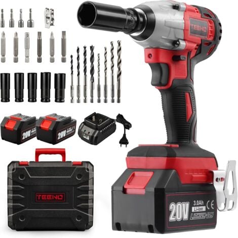 Clé à chocs sans fil Brushless TEENO, 320Nm Boulonneuse a Choc avec 2x3.0Ah Batterie, Boulons de Roue, Boîte avc 25pcs Accessoires (Deux batteries)
