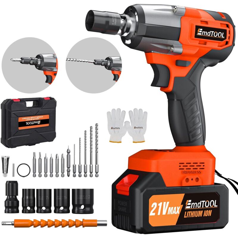 Clé à chocs sans fil, Pistolet à chocs sans balai de 1/2 pouce, Couple maximal de 2500 tr / min et 550 Nm, Clé à chocs à Couple élevé avec 4 Jeux de