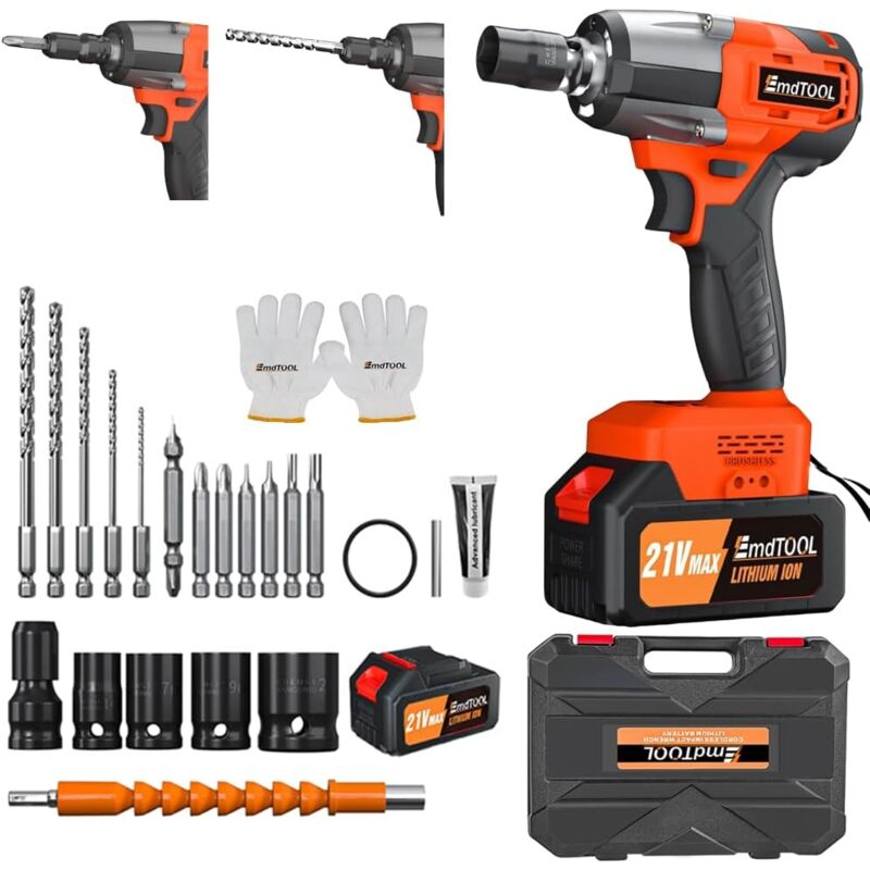 Clé à Chocs Sans Fil, Pistolet à Chocs Sans Balais de 1/2 pouce Couple Maximal 550N. m Clé à Chocs Clé Électrique pour Pistolet avec Batterie au