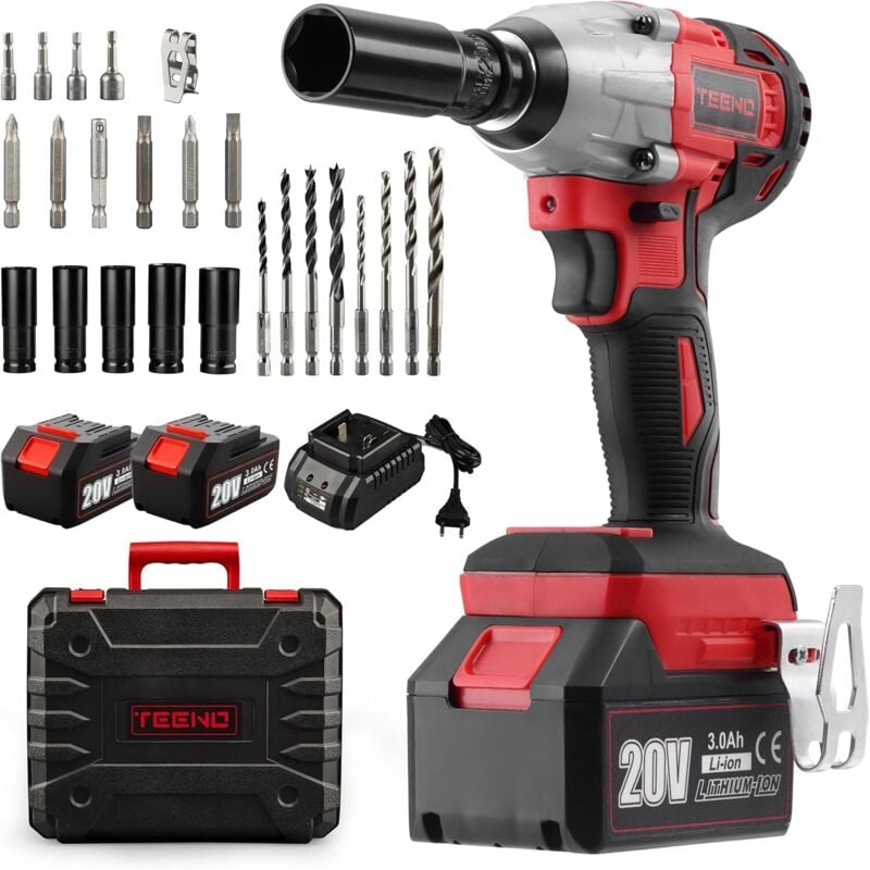 Clé à chocs sans fil Brushless Teeno 320Nm Boulonneuse a Choc avec 23.0Ah Batterie 20V, Boulons de Roue, Boîte avc 25pcs Accessoires (Deux batteries)