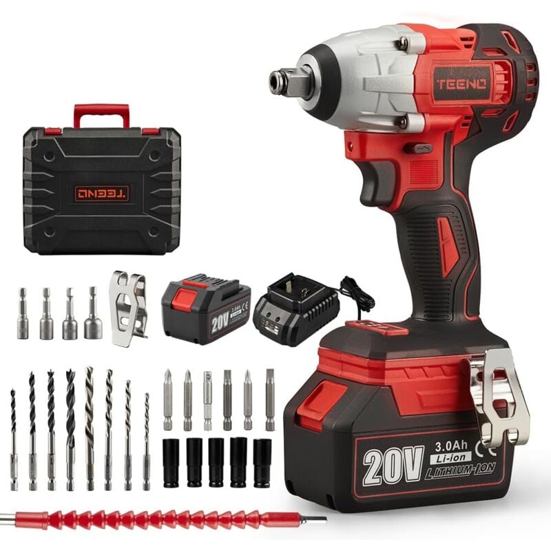 Clé à chocs sans fil Brushless Teeno 320Nm Boulonneuse a Choc avec 3.0Ah Batterie 20V, Boulons de Roue, Boîte avc 25pcs Accessoires (Une batterie)
