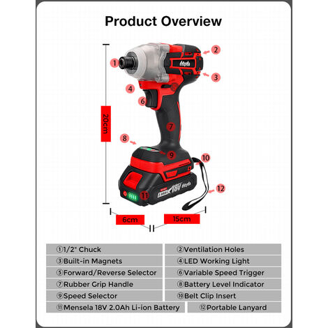 Clé à chocs sans fil Tournevis brushless Mensela 3 Vitessees 3500RPM 18V avec 10 accessoires en coffret 1 Batterie Fantablau