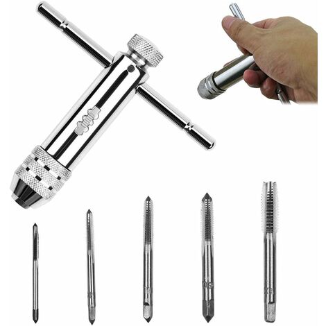 Clé à Cliquet à Une Main, Jeu d'Outils à Tarauder, Clé à Douille à Cliquet à Poignée en T, Ajustable Kit d'Outils de Taraudage avec 5 Pièces M3 M4 M5 M6 M8 3mm-8mm Filetage Vis Machine