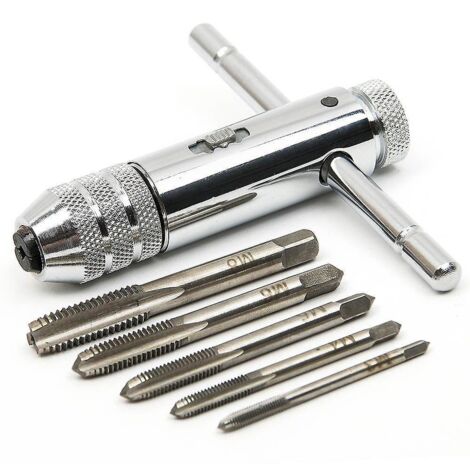 Clé à cliquet réglable argentée à poignée en T, lot de 5, M3-M8, vis à métaux de 3 à 8 mm, connecteur fileté métrique en T