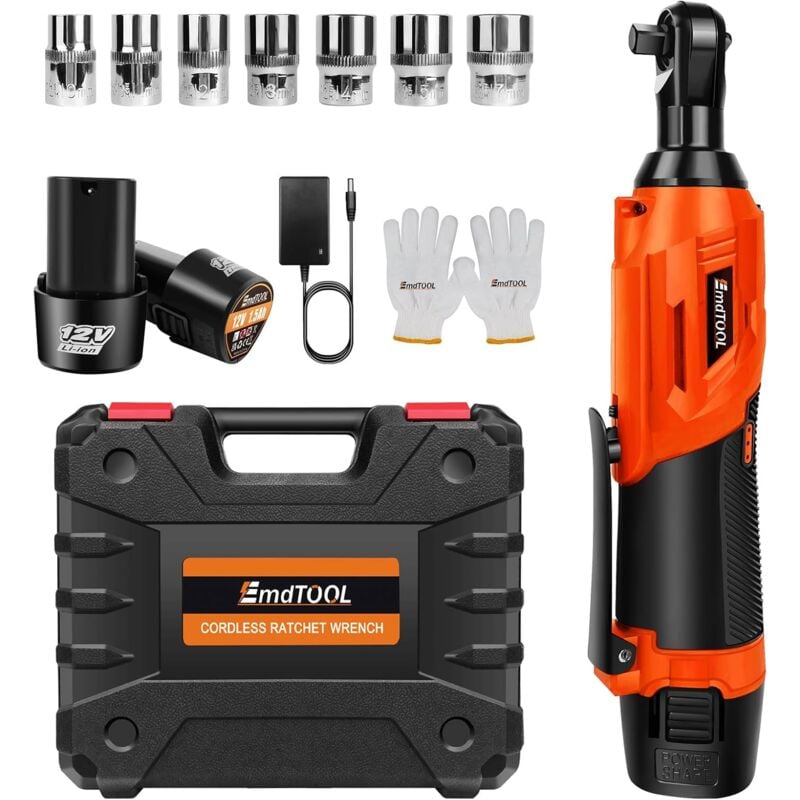 Clé à cliquet sans fil 3/8' 40 N.m Kit de clé à cliquet électrique 12 v avec lampe de travail led, comprend un chargeur rapide, 2 batteries, 7