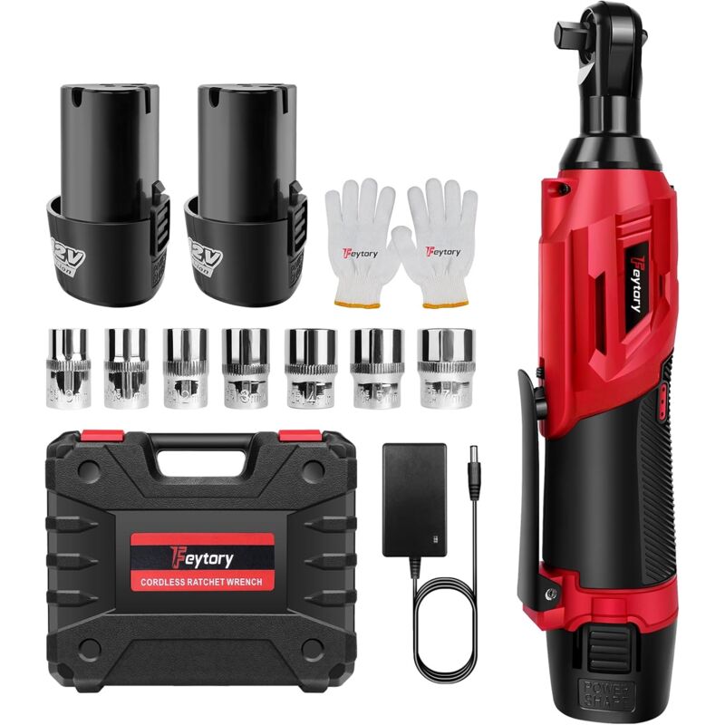 Clé à Cliquet Sans Fil 3/8'', Trousse à outils pour clé à angle droit 90°, 12V Électrique cliquet Clé avec lampe de travail à LED, 300RPM 40Nm Clé à