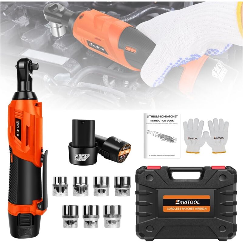 Clé à Cliquet Sans Fil de 3/8' Tournevis à Cliquet Électrique de Puissance 12V, Couple de 40 Nm Clés à Cliquet Électriques à Angle Droit de 90 Degrés