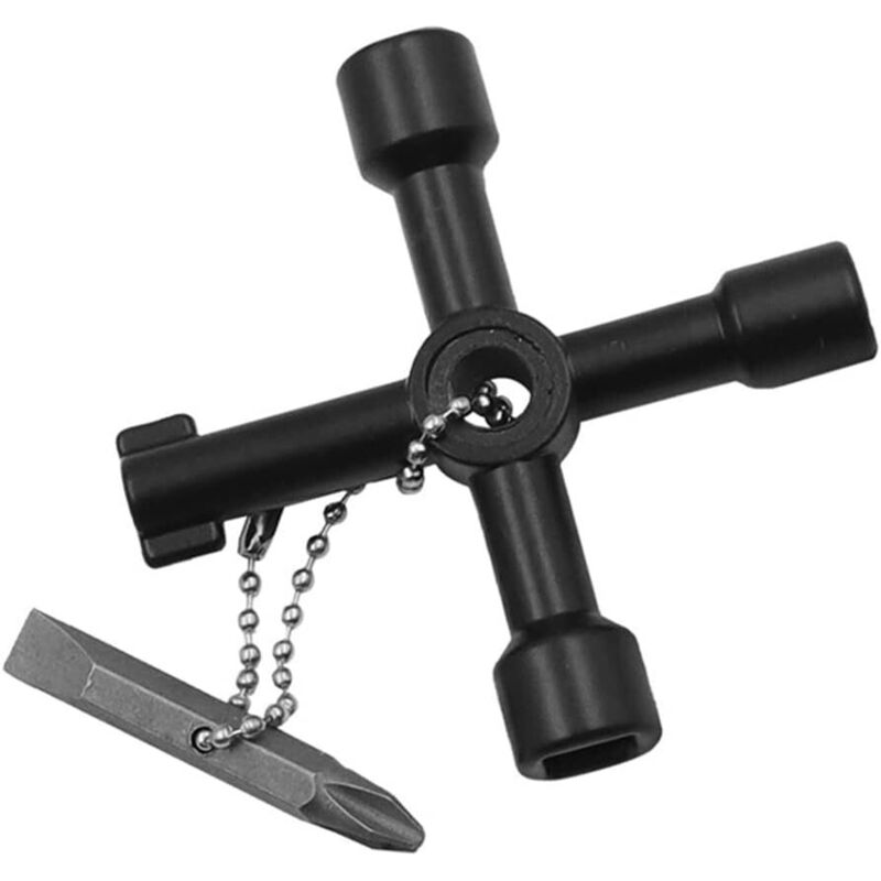 Clé cruciforme multifonctionnelle à 4 voies pour robinets, compteurs d'eau et armoires électriques, avec tournevis, noire