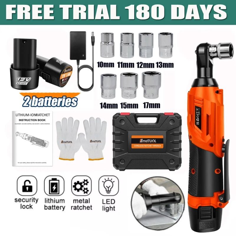 Clé d'angle à cliquet sans fil 3/8'' 12V & 2 batteries +7PCS douilles