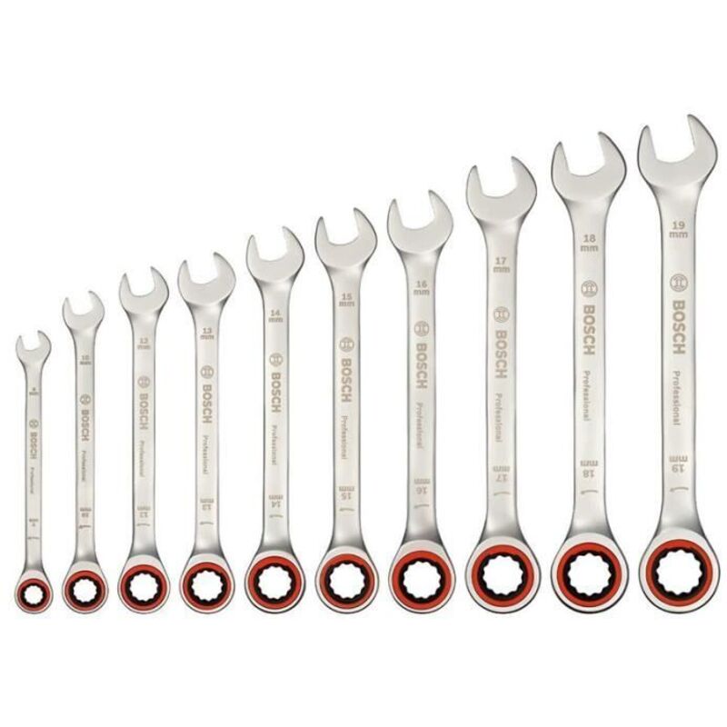 Bosch - professional set de 10 clés mixtes à cliquet (tailles : 8, 10, 12, 13, 14, 15, 16, 17, 18 et 19 mm dans boîte en carton)