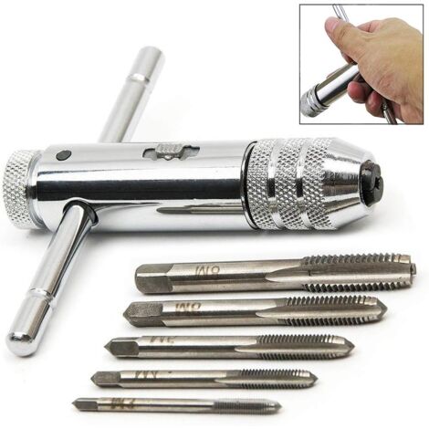 Clé de support de robinet à cliquet à poignée en T réglable en argent, avec 5 pièces M3-M8 3mm-8mm, filetage de vis de Machine, bouchon métrique, robinet en forme de T