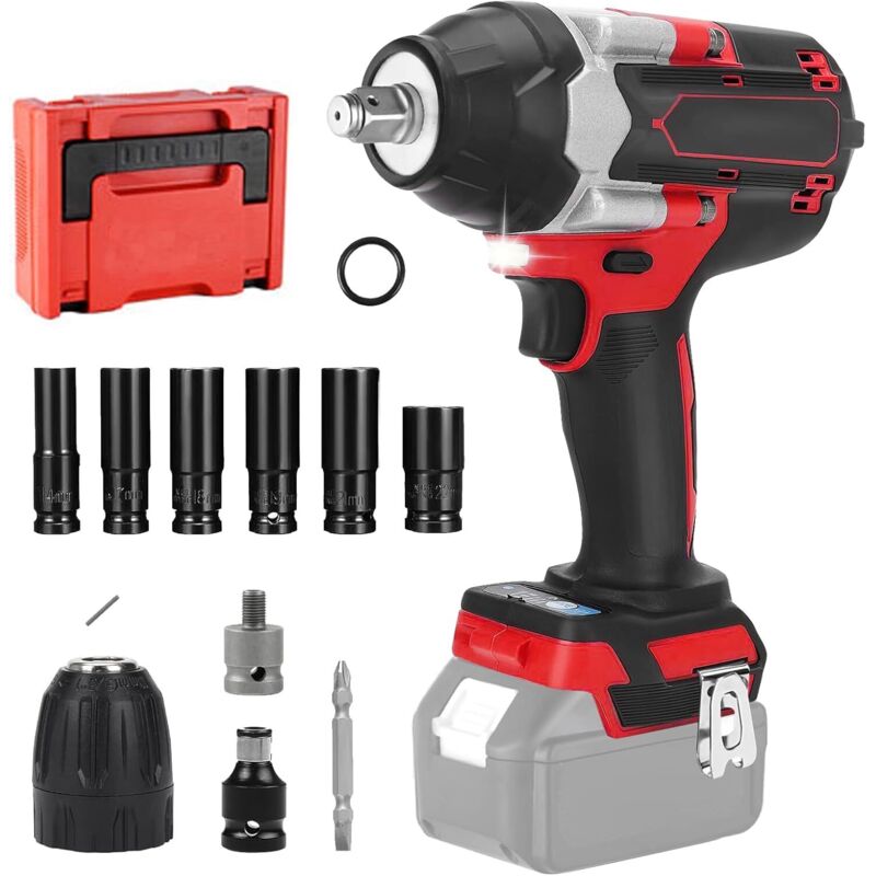 Clé d'impact sans fil, Pistolet d'impact sans brosse 1000Nm 1/2 pouce compatible avec la batterie Makita 18V, Pilote de clé électrique avec 6 prises,