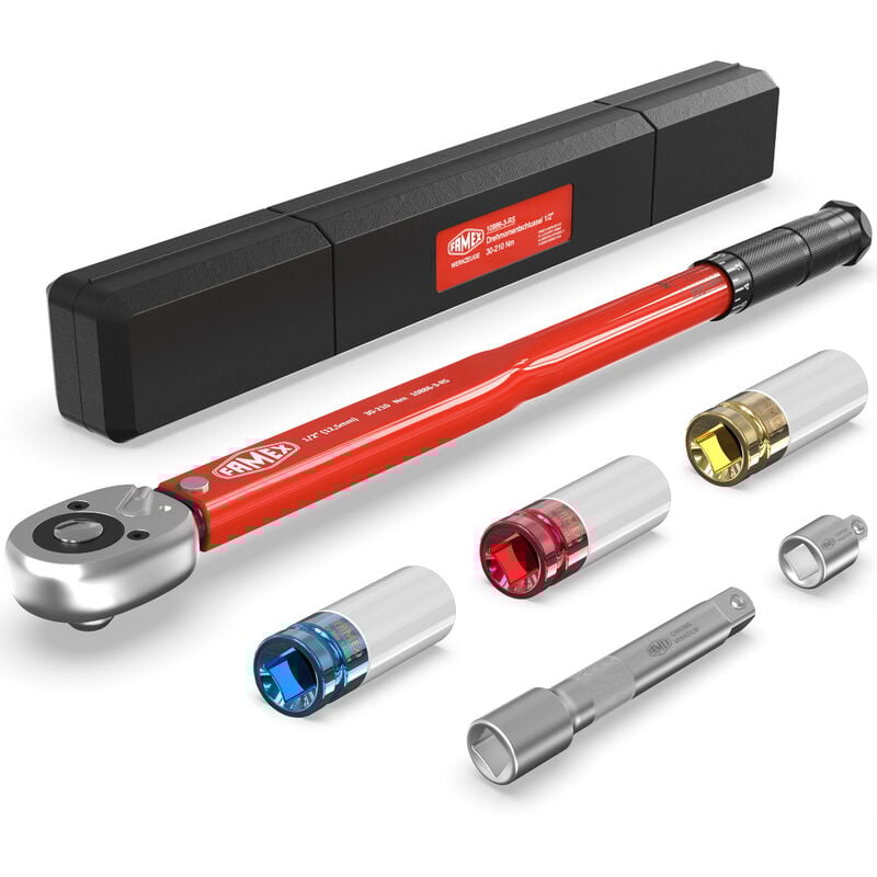 Clé dynamométrique 1/2', 30-210 Nm, avec douilles 17, 19, 21 mm, Tolérance de ±4 %, 10886-3-RS - Famex