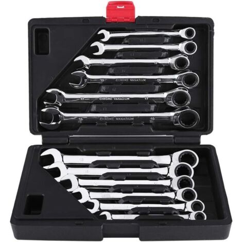 Clé Plate/Anglaise à Cliquet, Coffret de Clé à Douilles et Embouts Clé à Molette à Cliquet 8mm-19mm 12pcs pour Garage Bricolage(Clé Anglaise)