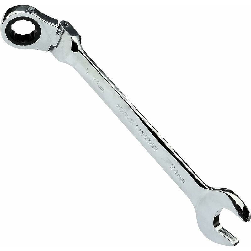 Clé Plate Mixte à Fourche/Classique 24mm - vers Clé à Cliquet à Tête Articulée/Flexible 24mm Anneau/Oeil 12 Pans - Non Réversible/Métrique - en Acier