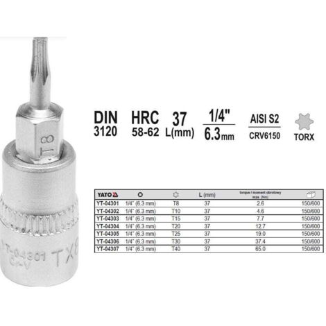 CLÉ TORX 1/4"" T20 L37 YATO