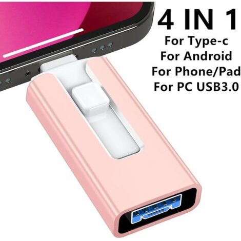 Clé USB 3.0 4-en-1 de 512 Go – Compatible iPhone, iPad, Android et PC – Lightning, USB-C, Micro-USB et USB-A – Stockage externe pour photos, vidéos, sauvegardes et fichiers