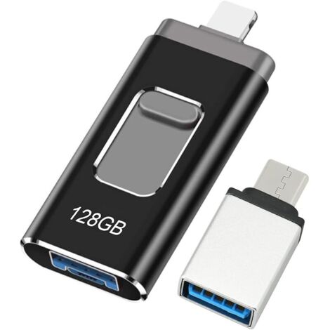 Clé USB pour iPhone 128Go, Certifiée MFi - Cle USB Lightnning 4 en 1 - Compatible iOS/Android/PC - USB 3.0 Haute Vitesse Branchez et Utilisez - pour Sauvegarde de Photos et Vidéos - Noir