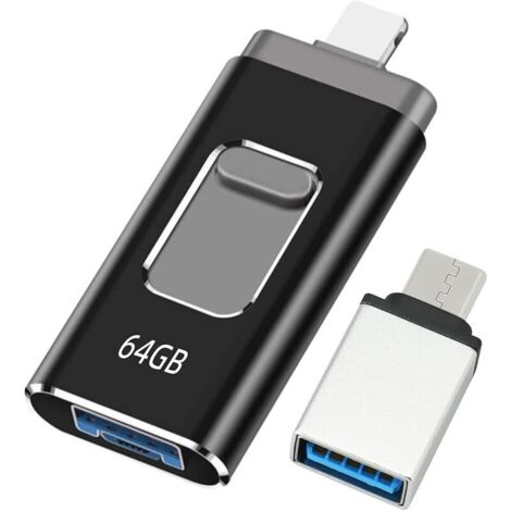 Clé USB pour iPhone 64Go, Certifiée MFi - Cle USB Lightnning 4 en 1 - Compatible iOS/Android/PC - USB 3.0 Haute Vitesse Branchez et Utilisez - pour Sauvegarde de Photos et Vidéos - Noir