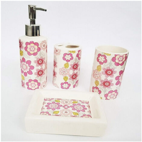 Cleafe - Set 4pz Bagno Fiori Rosa Floreale Ceramica Dispenser Sapone Porta Saponetta Bicchiere Spazzolini -