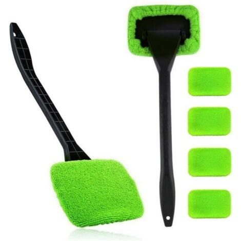 Cleaning brush with handle + 4 replacement microfiber cloths - Car glass cleaning kit - Interior and exterior glass cleaner - Green