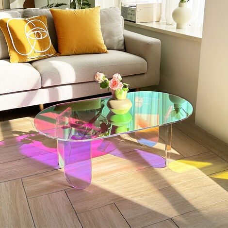 Clear Acrylic Coffee Table, Oval Iridescent Side End Table Rainbow Colors Home Living Room