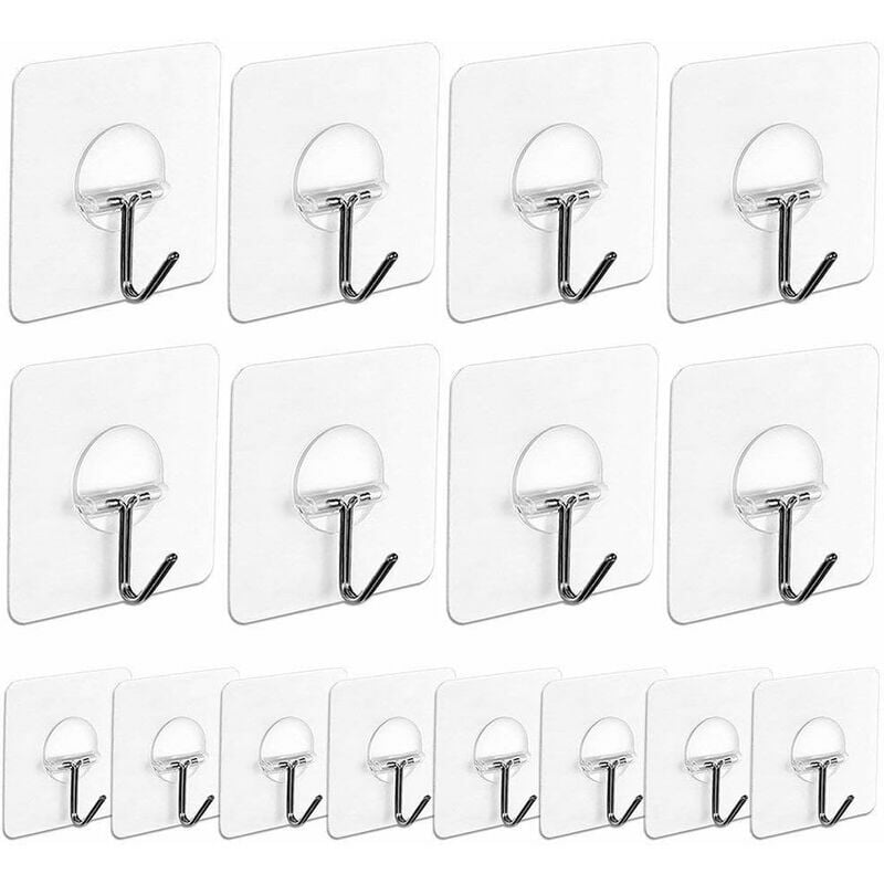 Hoopzi - Clear Adhesive Wall Hooks (7.2cm x 7.2cm) for Home Bathroom, Kitchen, Door co.ukom Wall to Ceiling, 22pound / 10kg - Set of 16