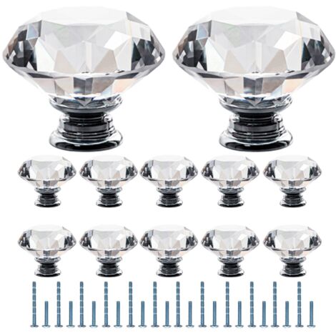 Clear Crystal Glass Drawer Knobs Chrome Base 40mm Faceted Cabinet Cupboard Handles with Screws