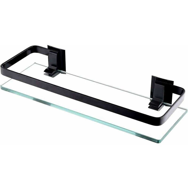 Bathroom Glass Shelf Aluminum Black Shower Shelf Extra Thick Tempered Glass Rectangular 1 Tier Basket Wall Mounted