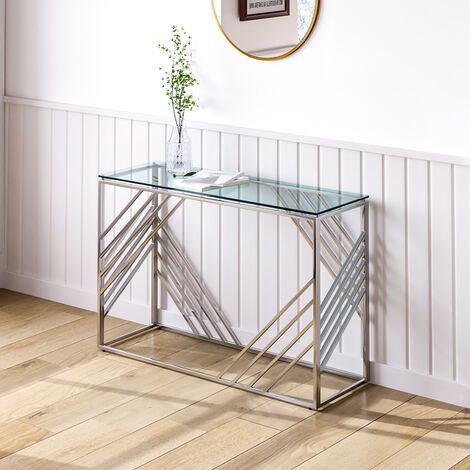 main image of "Clear Glass Console Table Chrome Stainless Steel Modern Tempered Glass Living Room"