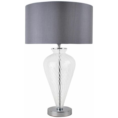 FIRST CHOICE LIGHTING Clear Glass Table Lamp with Grey Fabric Shade