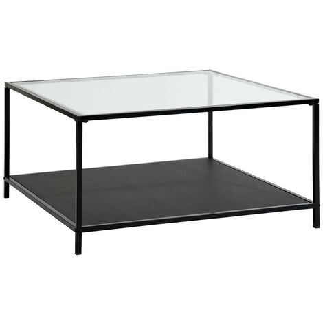Clear glass top square coffee table, double space, black metal legs, 80*80